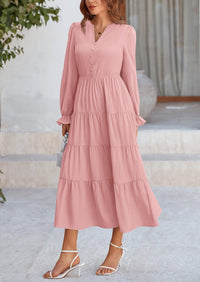 Women's Fall Maxi Dress Long Sleeve V Neck Tiered Ruffle Flowy A Line Cocktail Party Dresses