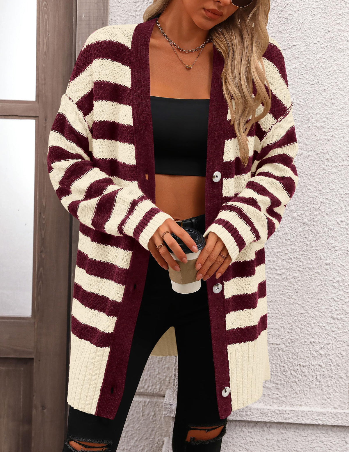 Striped Cardigan Sweaters Long Sleeve Button Down Chunky Knit Oversized Fall Sweater Coat