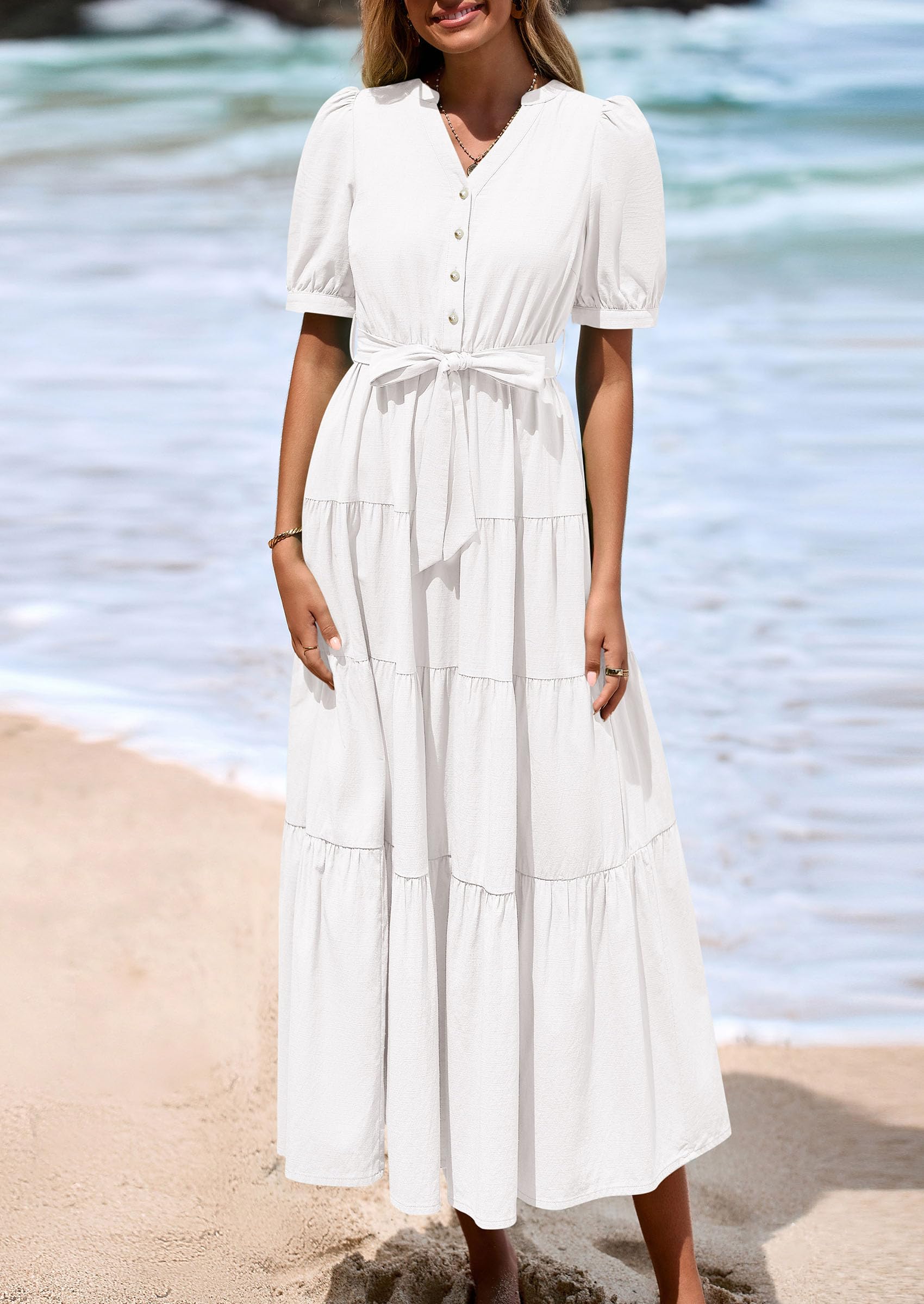 PRETTYGARDEN Women's Midi Dress Casual Short Sleeve V Neck Buttons Belted Ruffle A Line Flowy Dress with Pockets