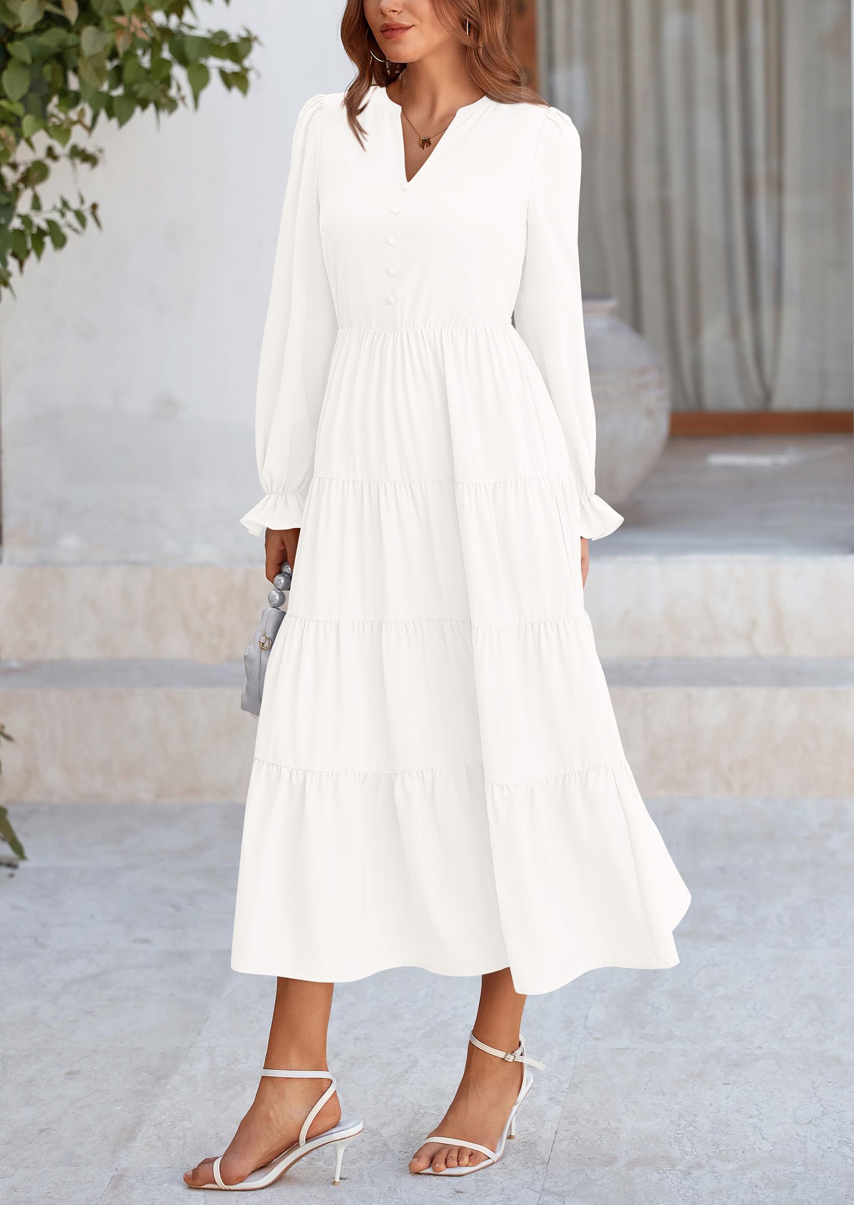 PRETTYGARDEN Women Fall Long Sleeve Smocked Maxi Dress Casual Square Neck Swiss Dot Tiered Ruffle Flowy Spring Pocket Dresses