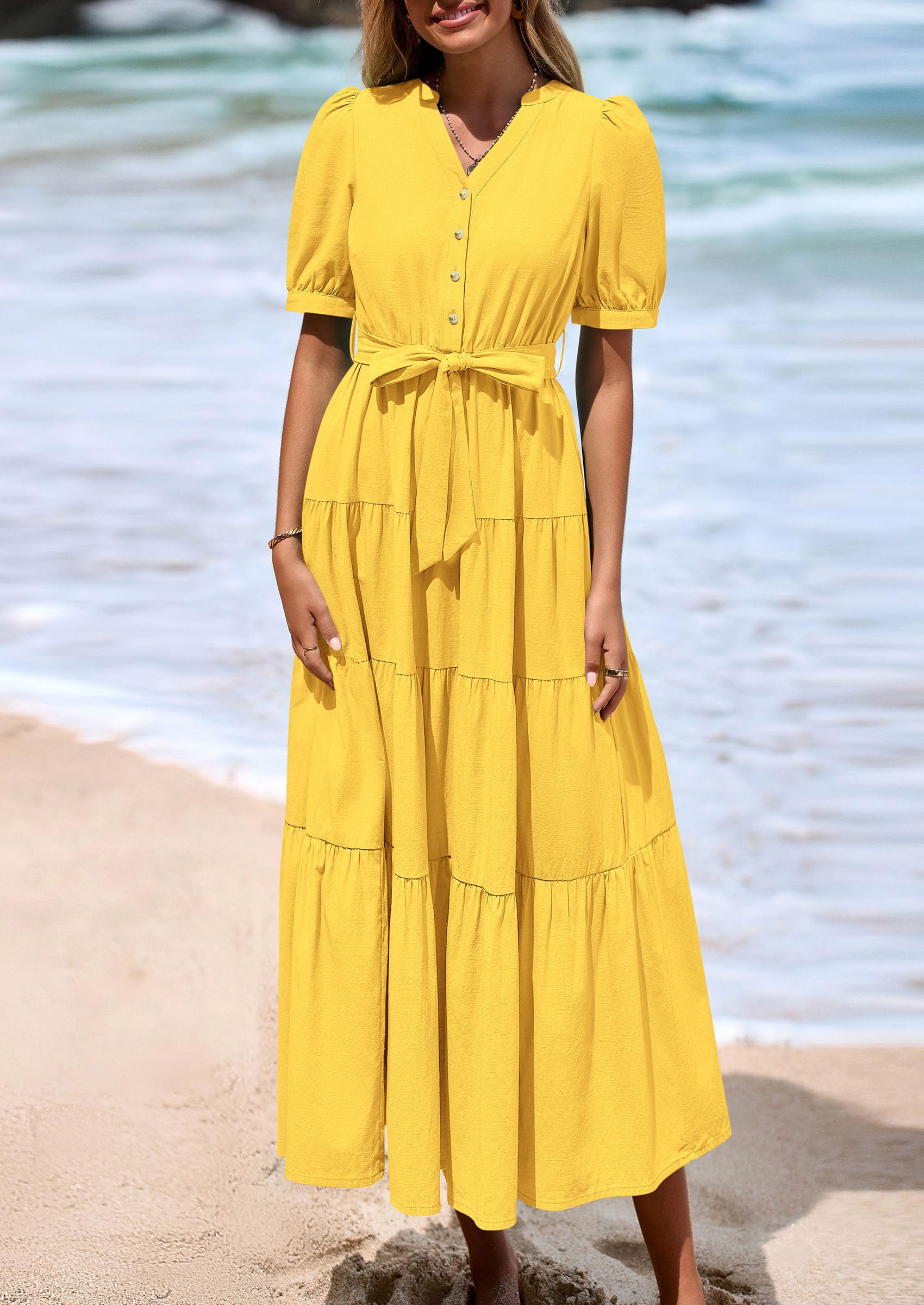 PRETTYGARDEN Women's Midi Dress Casual Short Sleeve V Neck Buttons Belted Ruffle A Line Flowy Dress with Pockets