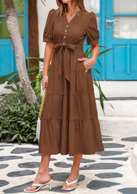 PRETTYGARDEN Women's Midi Dress Casual Short Sleeve V Neck Buttons Belted Ruffle A Line Flowy Dress with Pockets