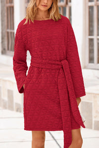 Women's Long Sleeve Dresses   Fall Casual Short Belted Dress Trendy Quilted Outfits with Pockets