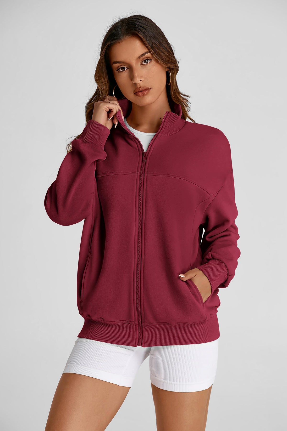 Women's 2024 Fall Fashion Full Zip Up Sweatshirt Long Sleeve Loose Fit Trendy Casual Jacket with Pockets