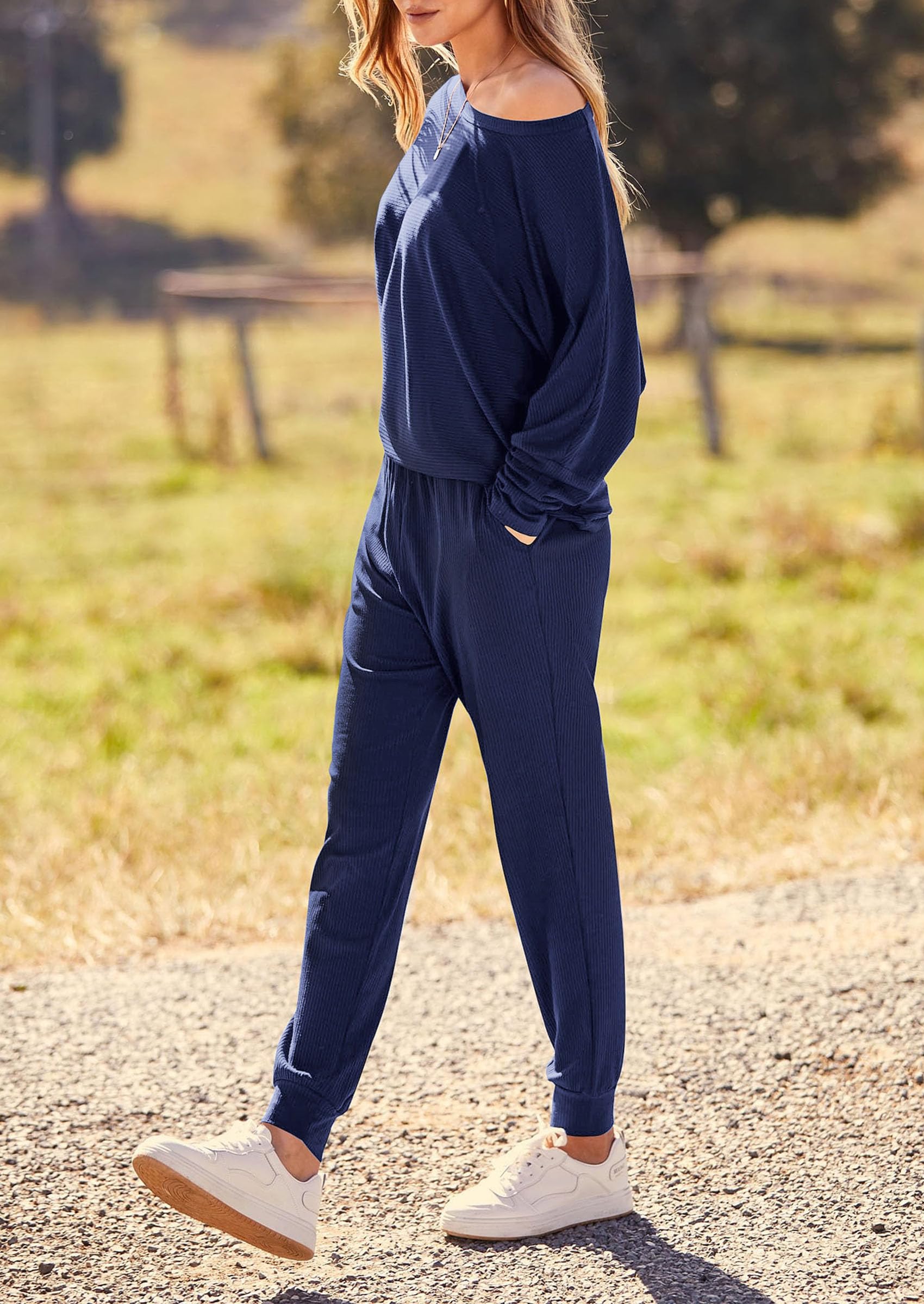 PRETTYGARDEN Women's Fall 2 Piece Lounge Set Long Sleeve Tops Ribbed Pants Spring Matching Sweatsuit Travel Outfits Clothes