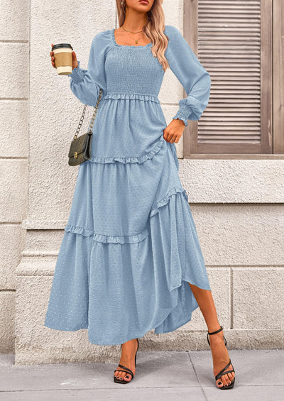 PRETTYGARDEN Women Fall Long Sleeve Smocked Maxi Dress Casual Square Neck Swiss Dot Tiered Ruffle Flowy Spring Pocket Dresses
