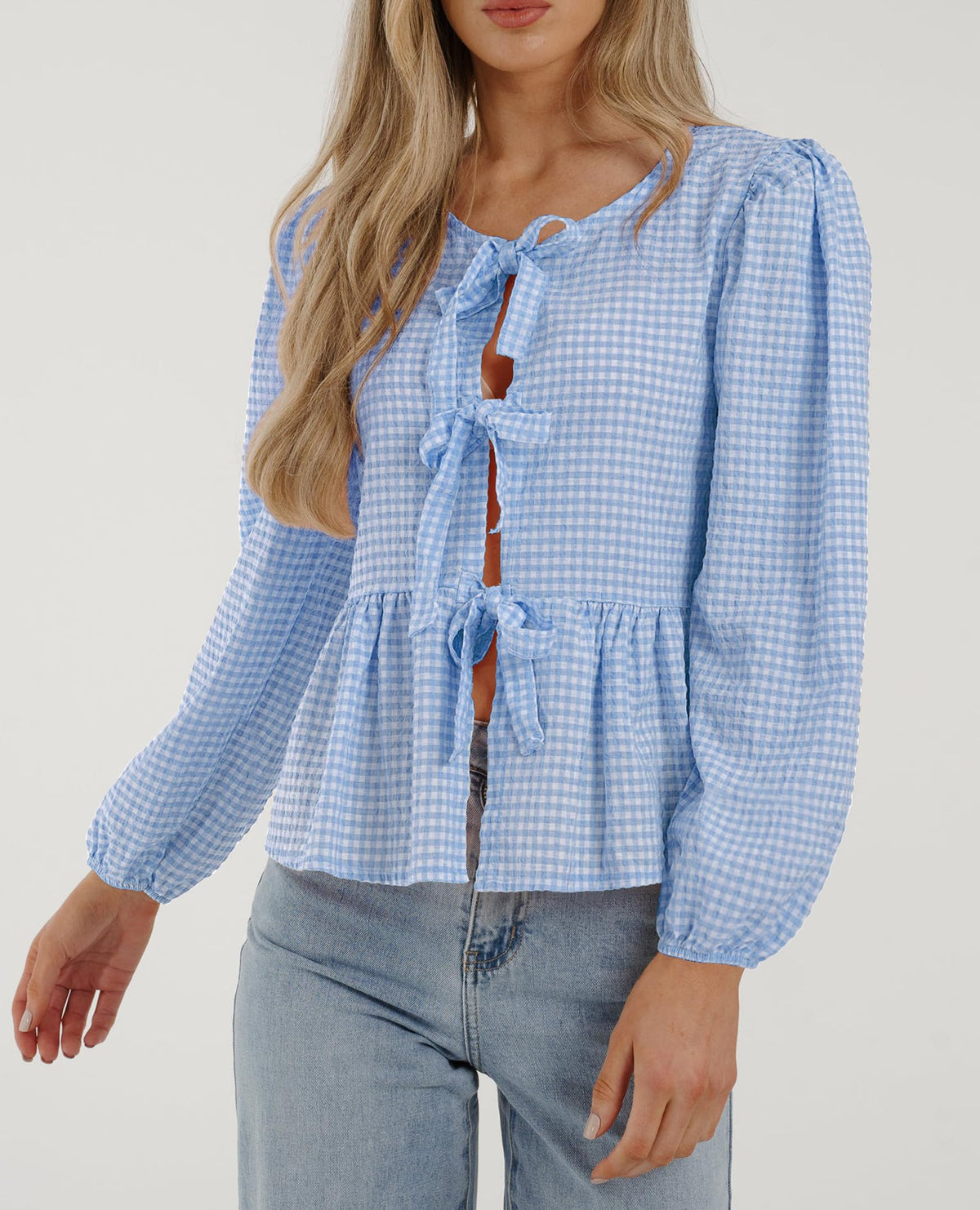 Babydoll Peplum Blouse Shirt Puff Long Sleeve Bow Tie Front Trendy Cute Y2K Going Out Tops