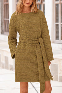 Women's Long Sleeve Dresses   Fall Casual Short Belted Dress Trendy Quilted Outfits with Pockets