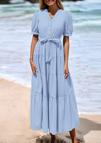 PRETTYGARDEN Women's Midi Dress Casual Short Sleeve V Neck Buttons Belted Ruffle A Line Flowy Dress with Pockets