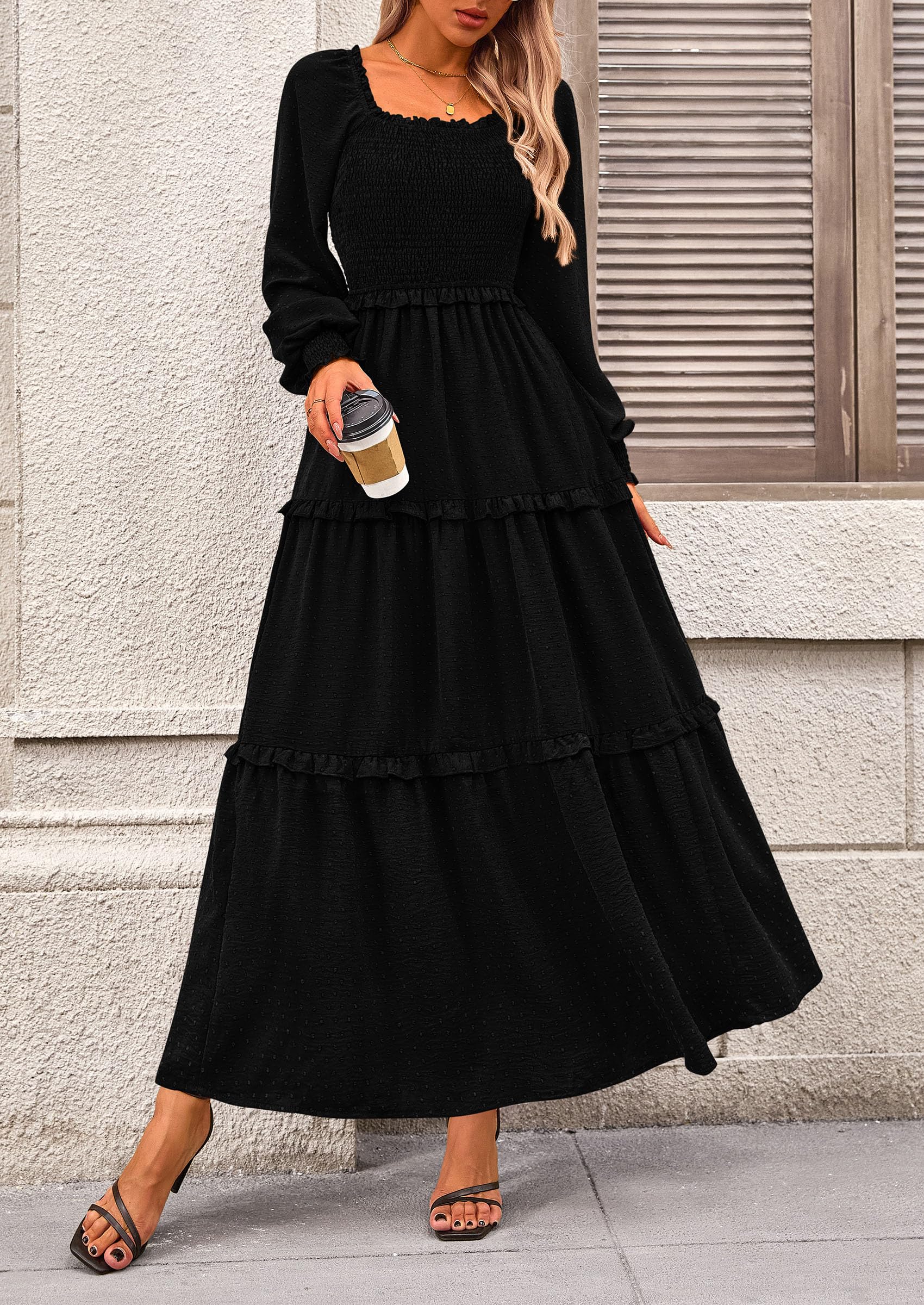 PRETTYGARDEN Women Fall Long Sleeve Smocked Maxi Dress Casual Square Neck Swiss Dot Tiered Ruffle Flowy Spring Pocket Dresses