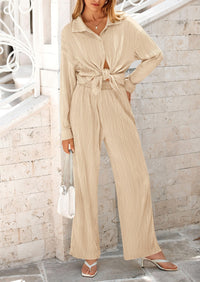 PRETTYGARDEN 2 Piece Textured Sets Casual Button Down Shirt Wide Leg Pants Outfit Loungewear Tracksuit