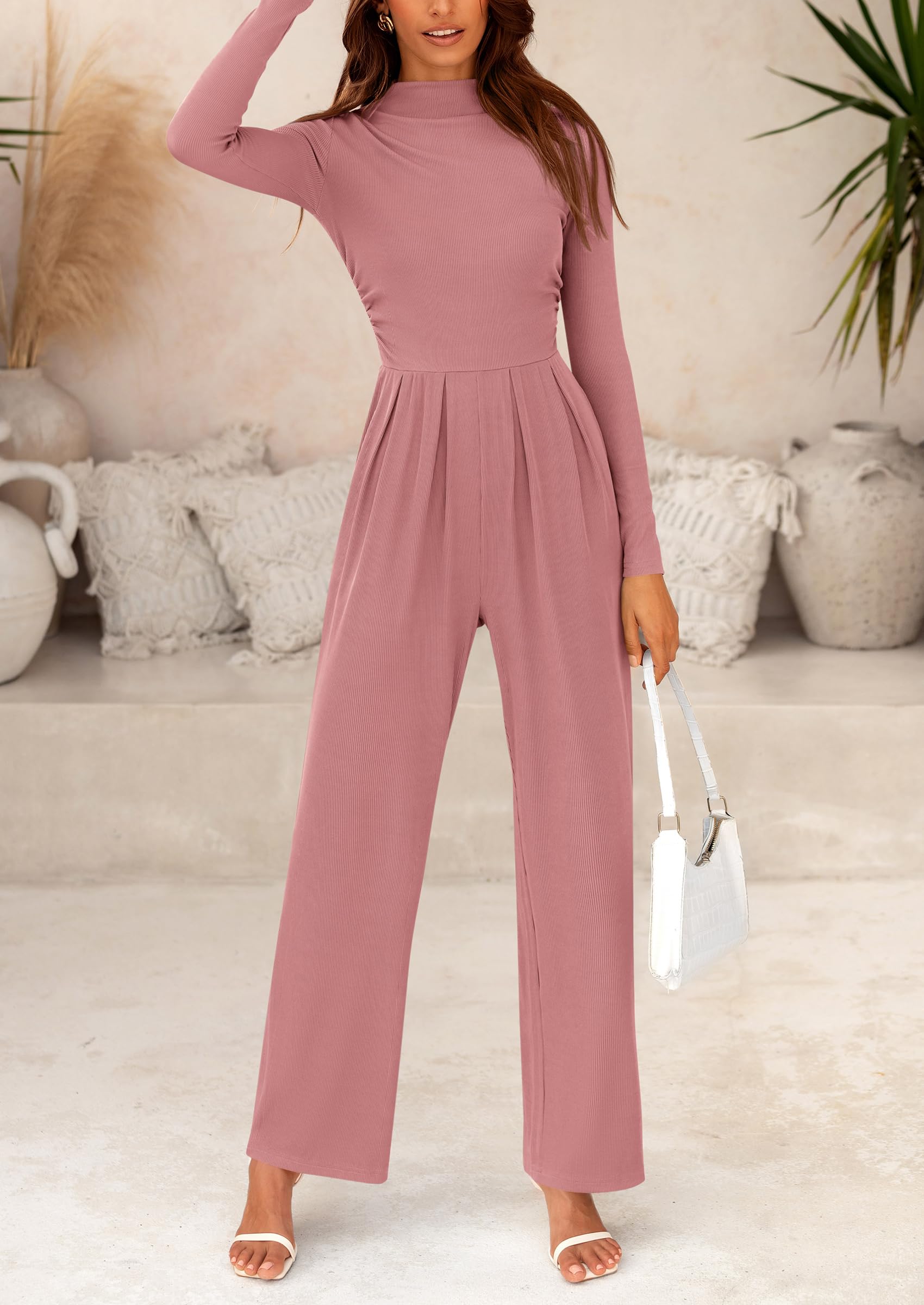 PRETTYGARDEN Dressy Casual Fashion Outfits Long Sleeve Mock Neck Wide Leg Pants Rompers