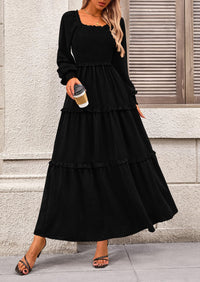 Women's Long Sleeve Smocked Maxi Dress Casual Square Neck Swiss Dot Tiered Ruffle Flowy Pocket Dresses