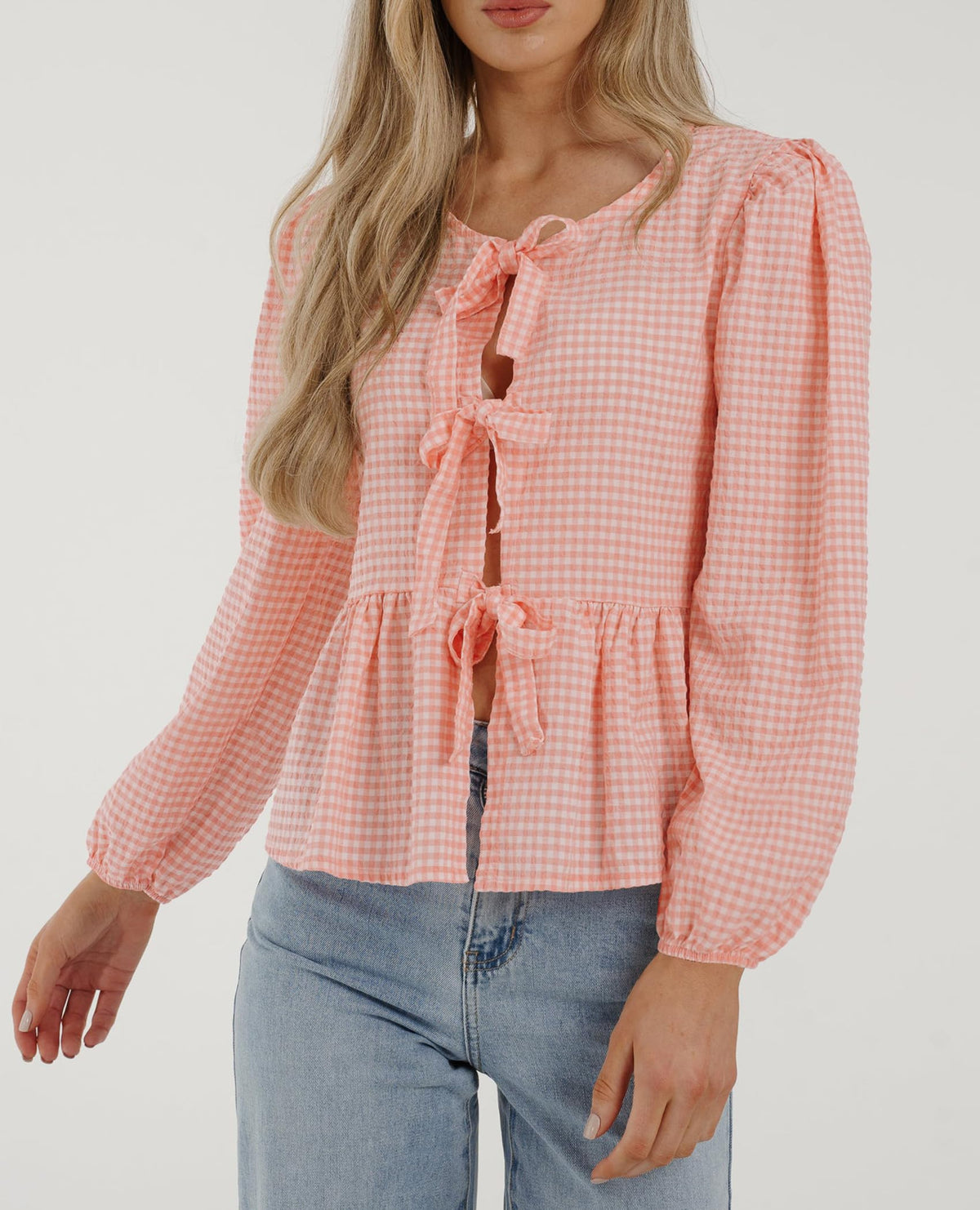 Babydoll Peplum Blouse Shirt Puff Long Sleeve Bow Tie Front Trendy Cute Y2K Going Out Tops