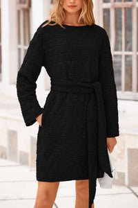 Women's Long Sleeve Dresses   Fall Casual Short Belted Dress Trendy Quilted Outfits with Pockets