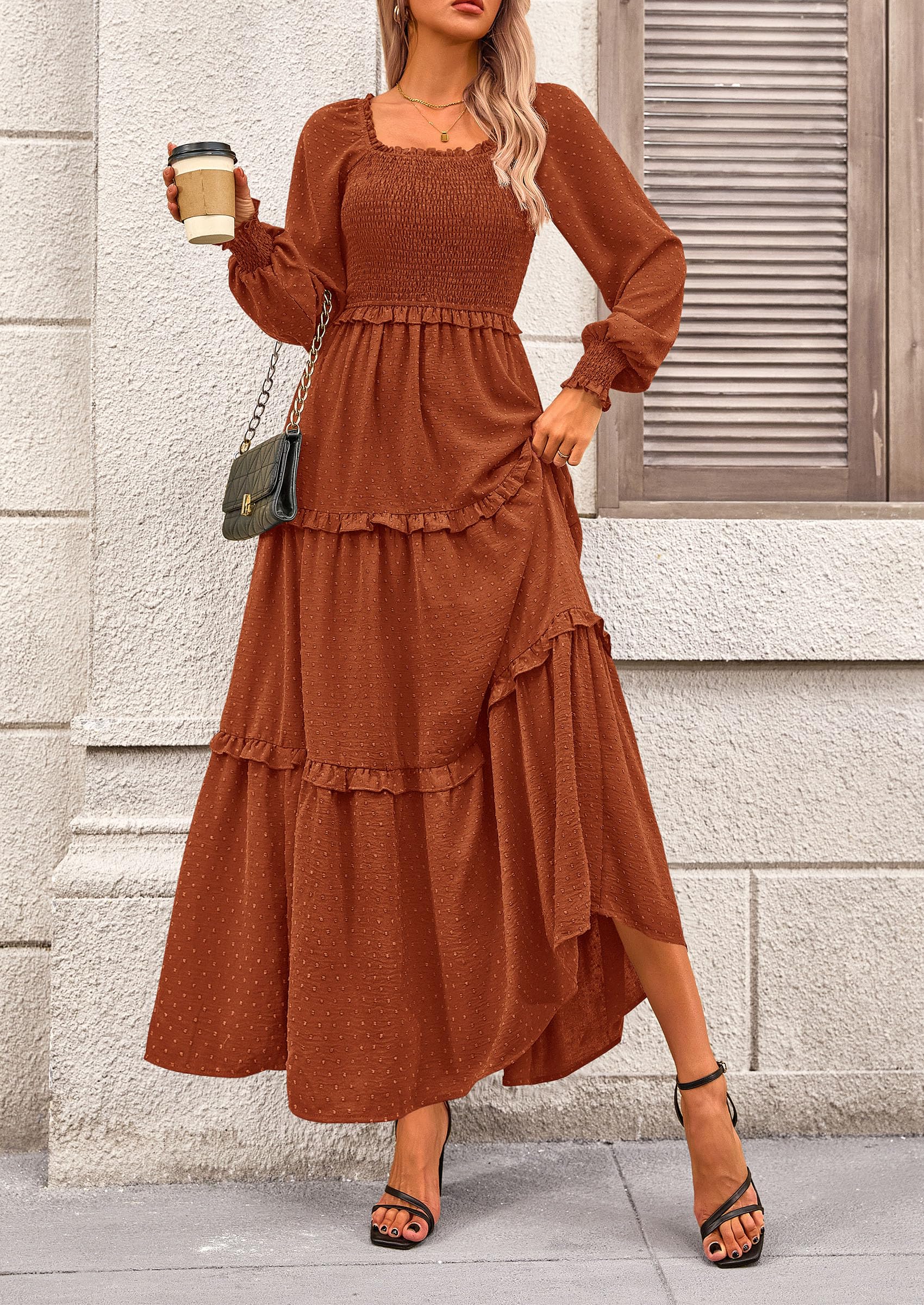 PRETTYGARDEN Women Fall Long Sleeve Smocked Maxi Dress Casual Square Neck Swiss Dot Tiered Ruffle Flowy Spring Pocket Dresses
