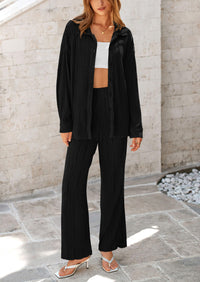 PRETTYGARDEN 2 Piece Textured Sets Casual Button Down Shirt Wide Leg Pants Outfit Loungewear Tracksuit