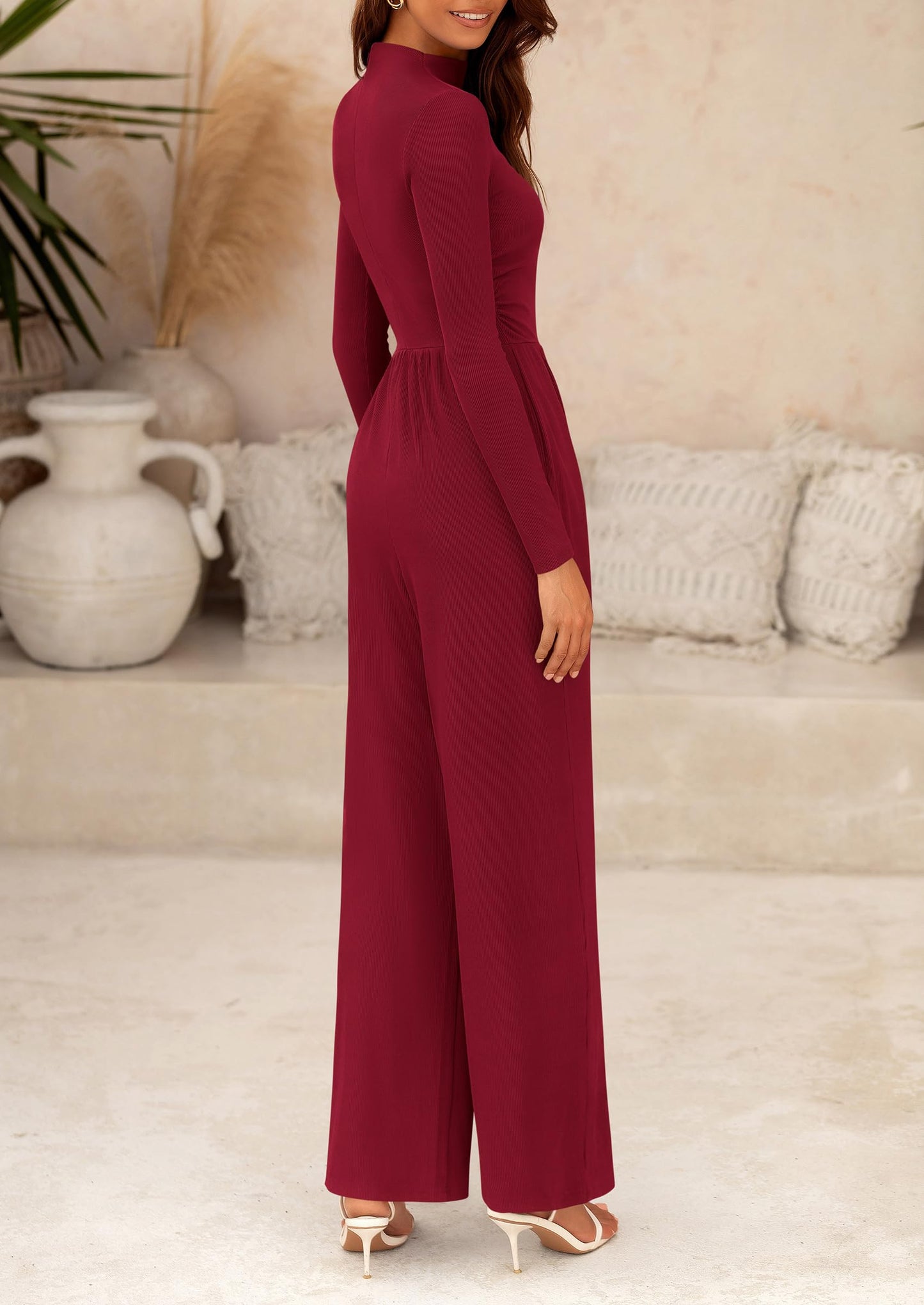 Women's Jumpsuit Dressy Casual One Piece Outfits Long Sleeve Mock Neck Wide Leg Pants Rompers