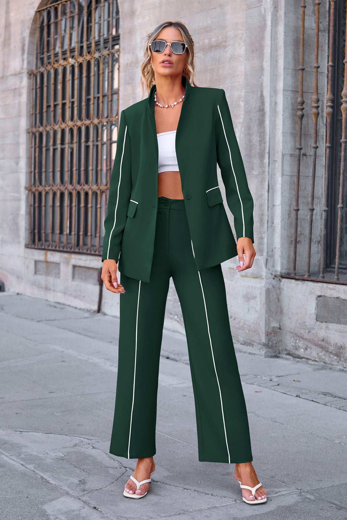 Women's Fall 2 Piece Blazer Outfits Business Casual Oversized Jacket Wide Leg Work Pants Dressy Suit Set