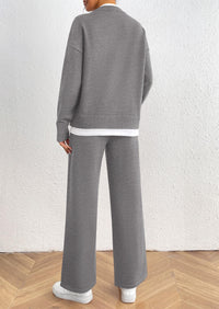 Fall 2 Piece Lounge Sets Long Sleeve Pullover Sweater Wide Leg Pants Matching Outfits Tracksuits