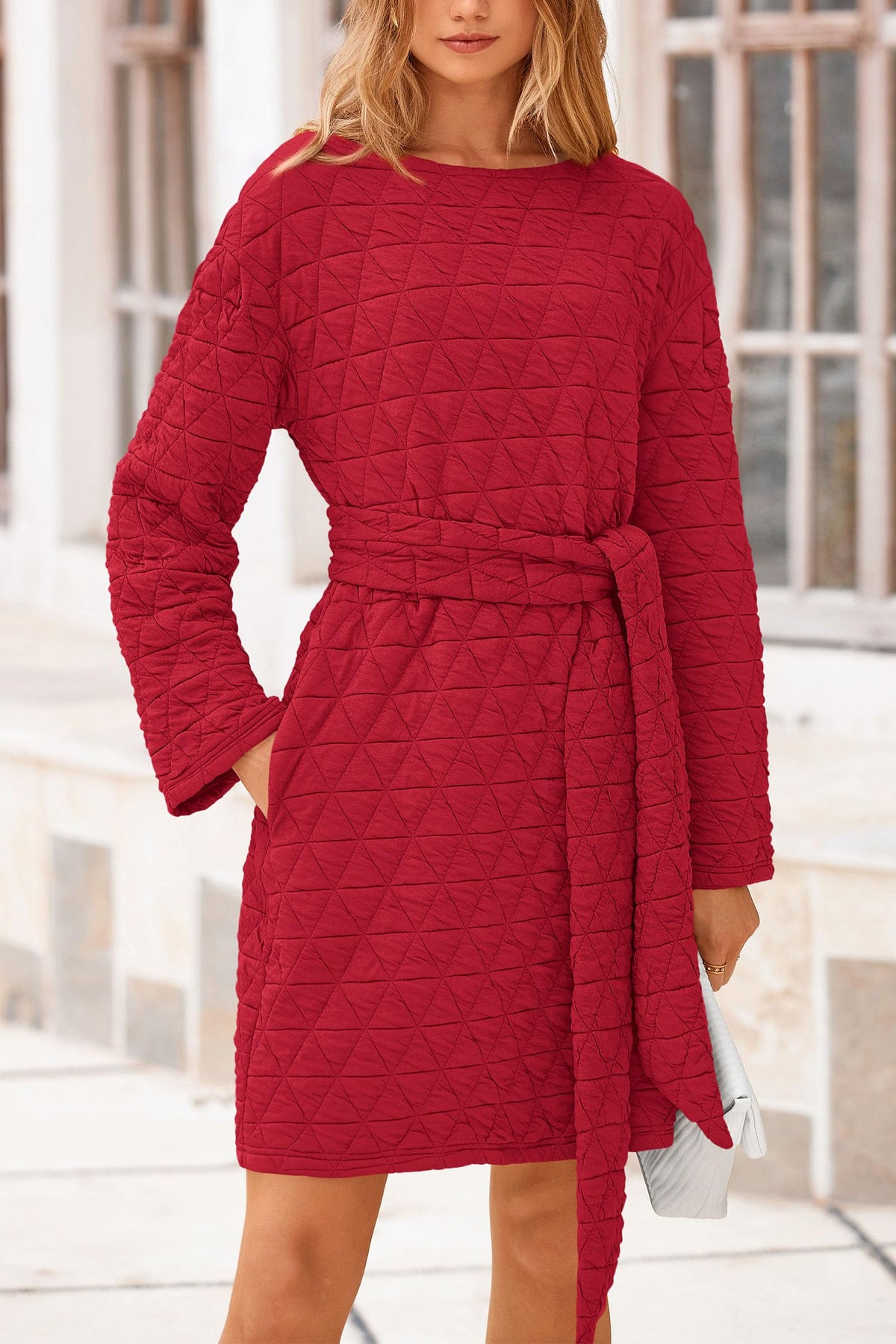 Women's Long Sleeve Dresses   Fall Casual Short Belted Dress Trendy Quilted Outfits with Pockets