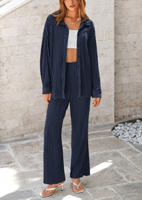 PRETTYGARDEN 2 Piece Textured Sets Casual Button Down Shirt Wide Leg Pants Outfit Loungewear Tracksuit