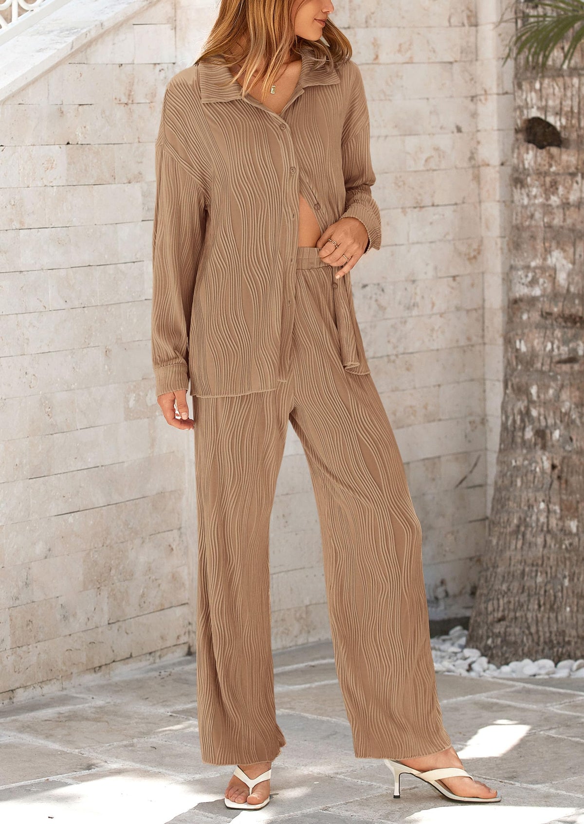 Women's Fall 2 Piece Textured Sets Casual Button Down Shirt Wide Leg Pants Outfit Loungewear Tracksuit