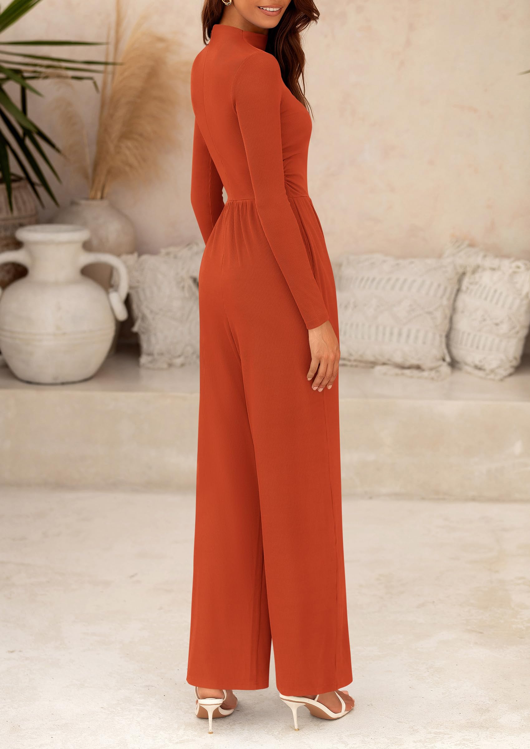 PRETTYGARDEN Dressy Casual Fashion Outfits Long Sleeve Mock Neck Wide Leg Pants Rompers