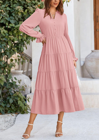 PRETTYGARDEN Women Fall Long Sleeve Smocked Maxi Dress Casual Square Neck Swiss Dot Tiered Ruffle Flowy Spring Pocket Dresses