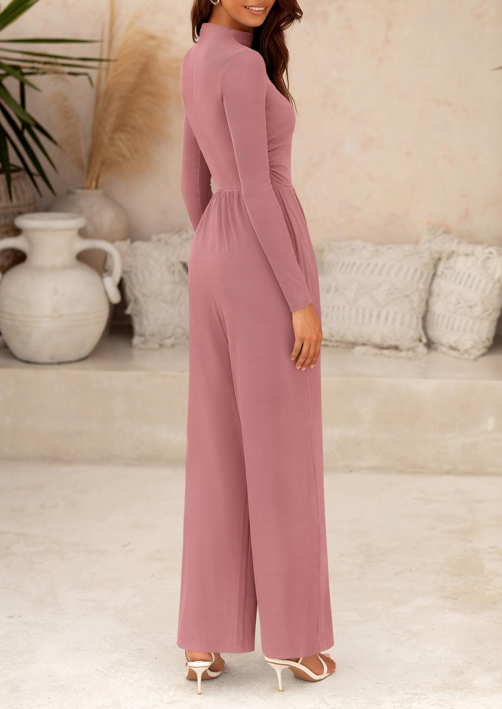 PRETTYGARDEN Dressy Casual Fashion Outfits Long Sleeve Mock Neck Wide Leg Pants Rompers