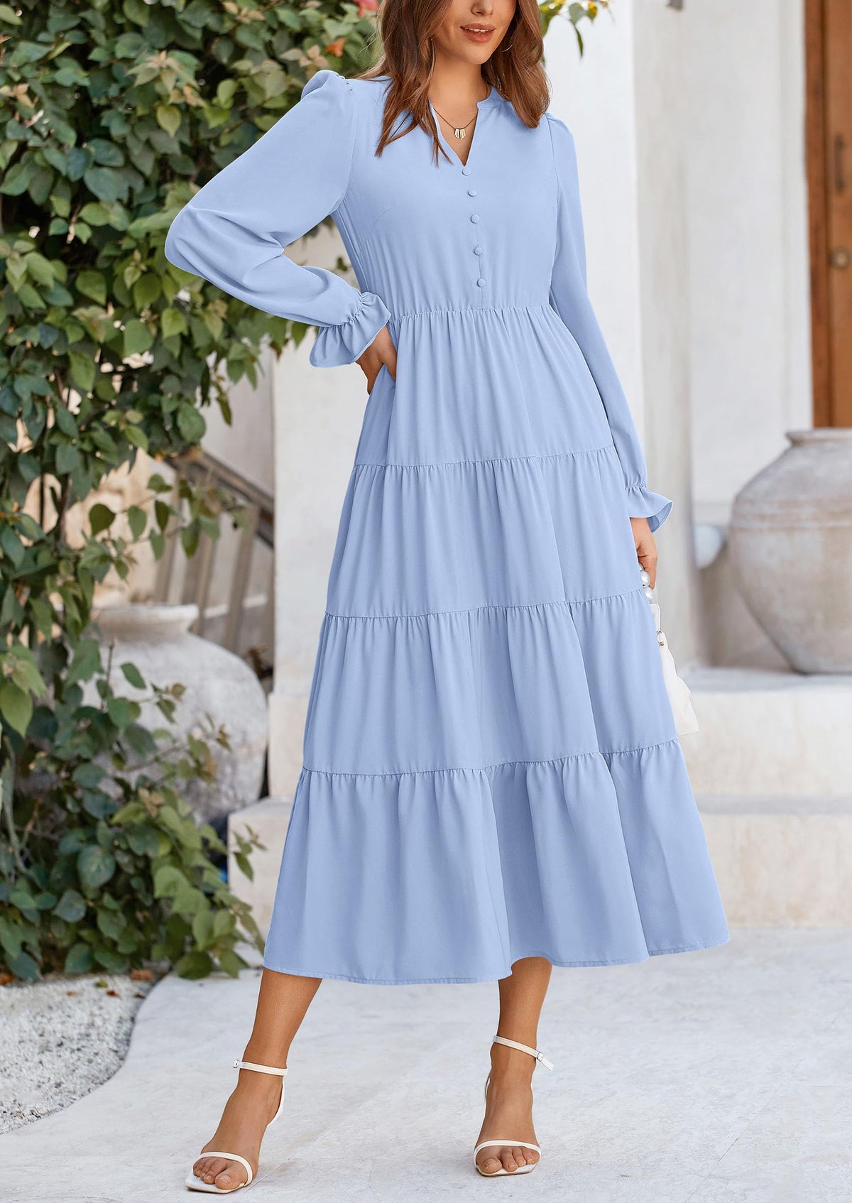 Women's Fall Maxi Dress Long Sleeve V Neck Tiered Ruffle Flowy A Line Cocktail Party Dresses