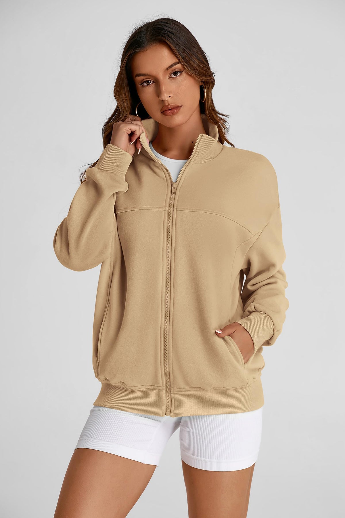 Women's 2024 Fall Fashion Full Zip Up Sweatshirt Long Sleeve Loose Fit Trendy Casual Jacket with Pockets