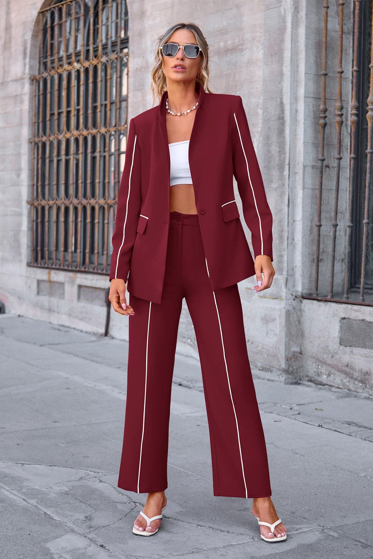 Women's Fall 2 Piece Blazer Outfits Business Casual Oversized Jacket Wide Leg Work Pants Dressy Suit Set