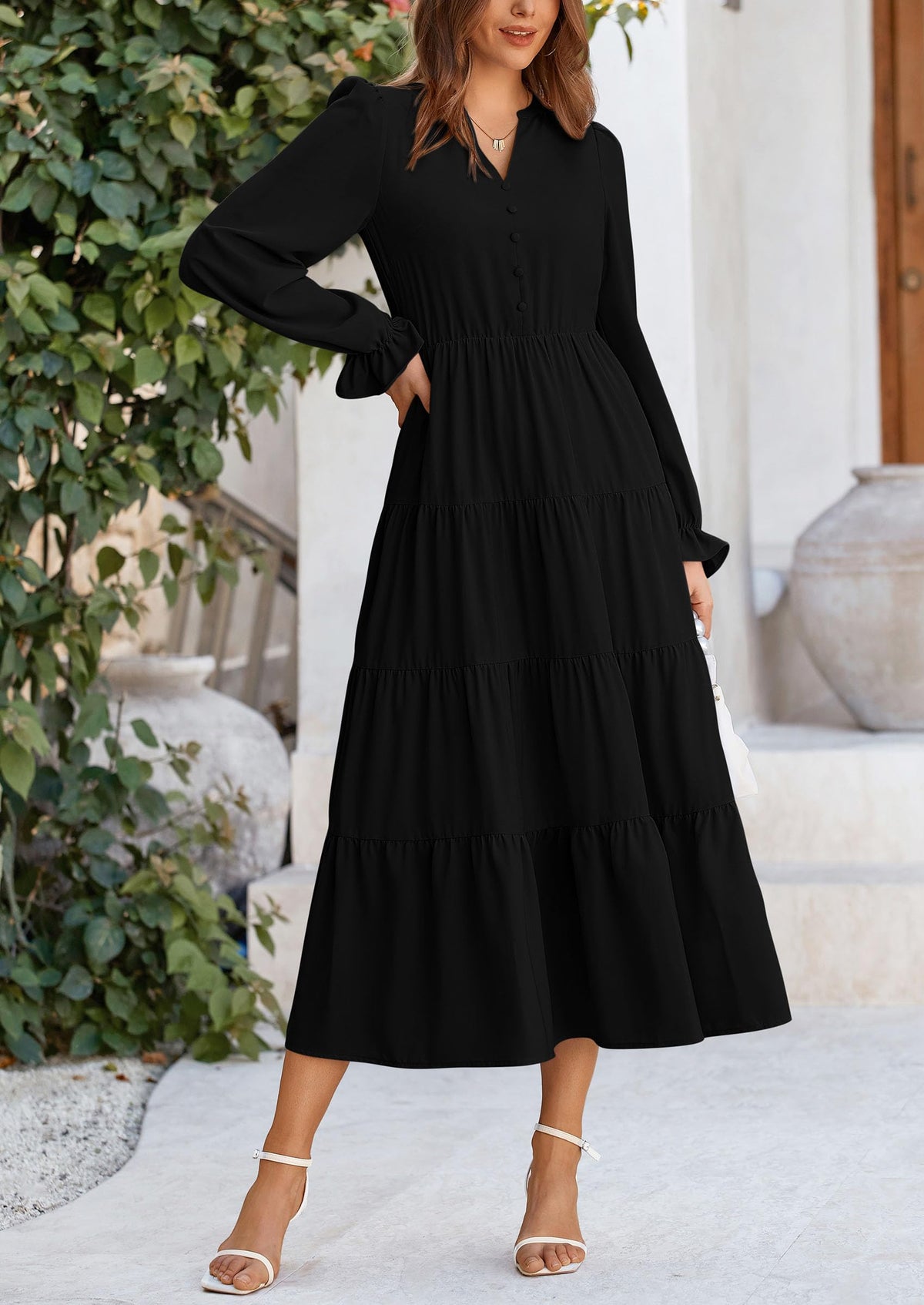 Women's Fall Maxi Dress Long Sleeve V Neck Tiered Ruffle Flowy A Line Cocktail Party Dresses