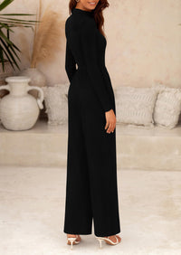 Women's Jumpsuit Dressy Casual One Piece Outfits Long Sleeve Mock Neck Wide Leg Pants Rompers