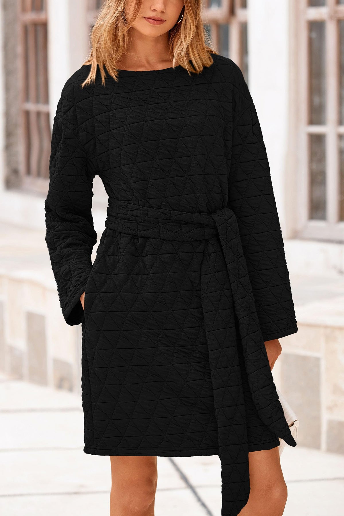 Women's Long Sleeve Dresses   Fall Casual Short Belted Dress Trendy Quilted Outfits with Pockets