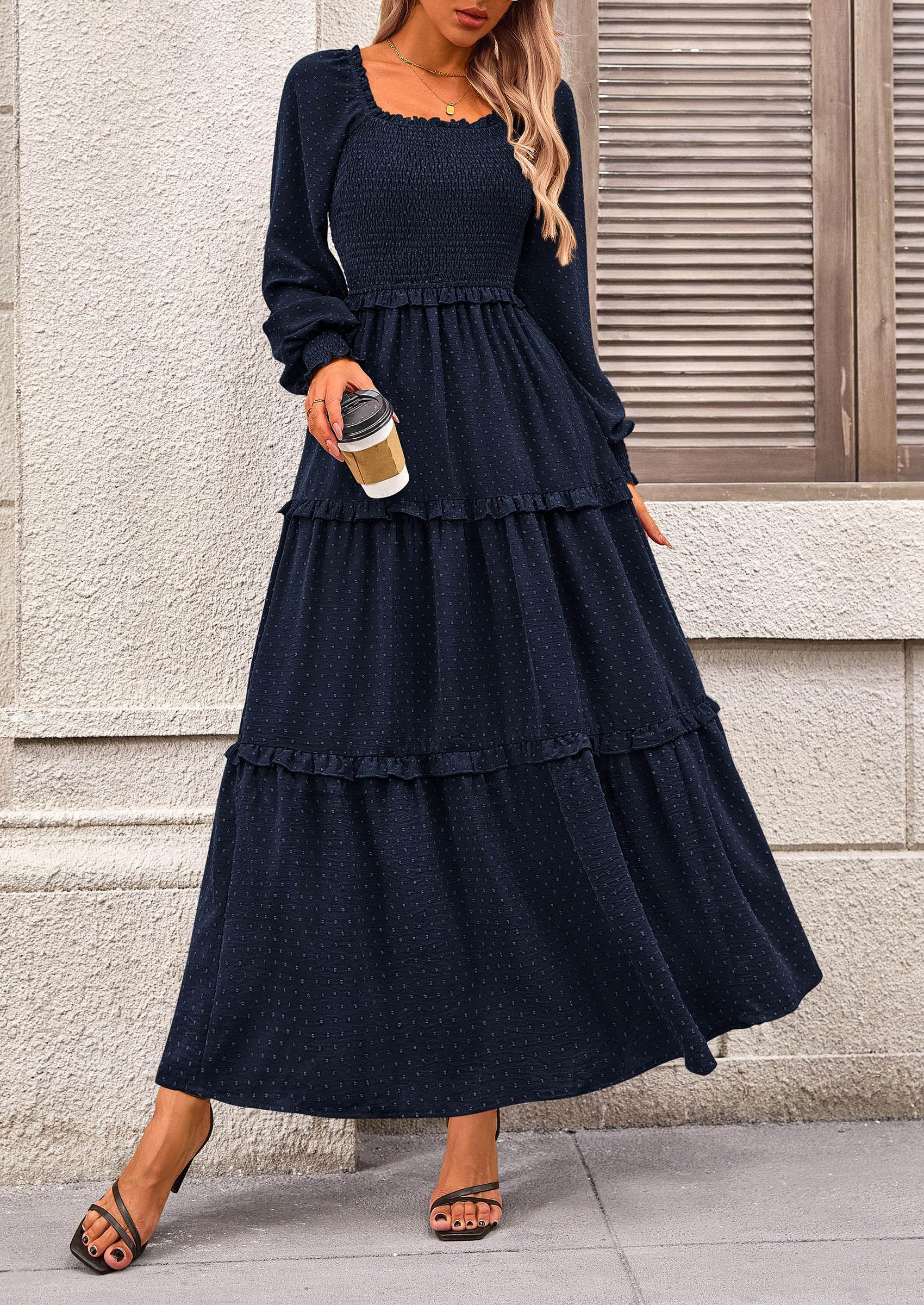 PRETTYGARDEN Women Fall Long Sleeve Smocked Maxi Dress Casual Square Neck Swiss Dot Tiered Ruffle Flowy Spring Pocket Dresses