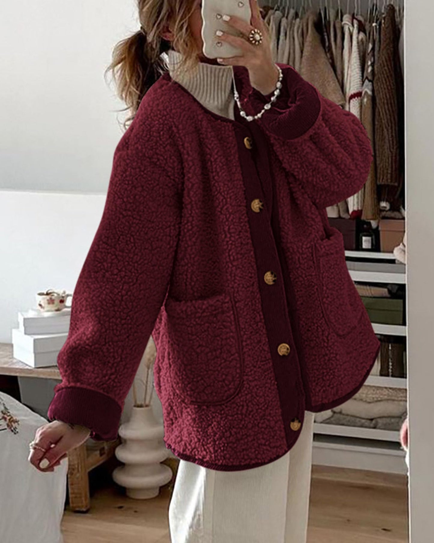 Women's Warm Winter Coats Casual Long Sleeve Button up Fuzzy Sherpa Fleece Jackets Outerwear