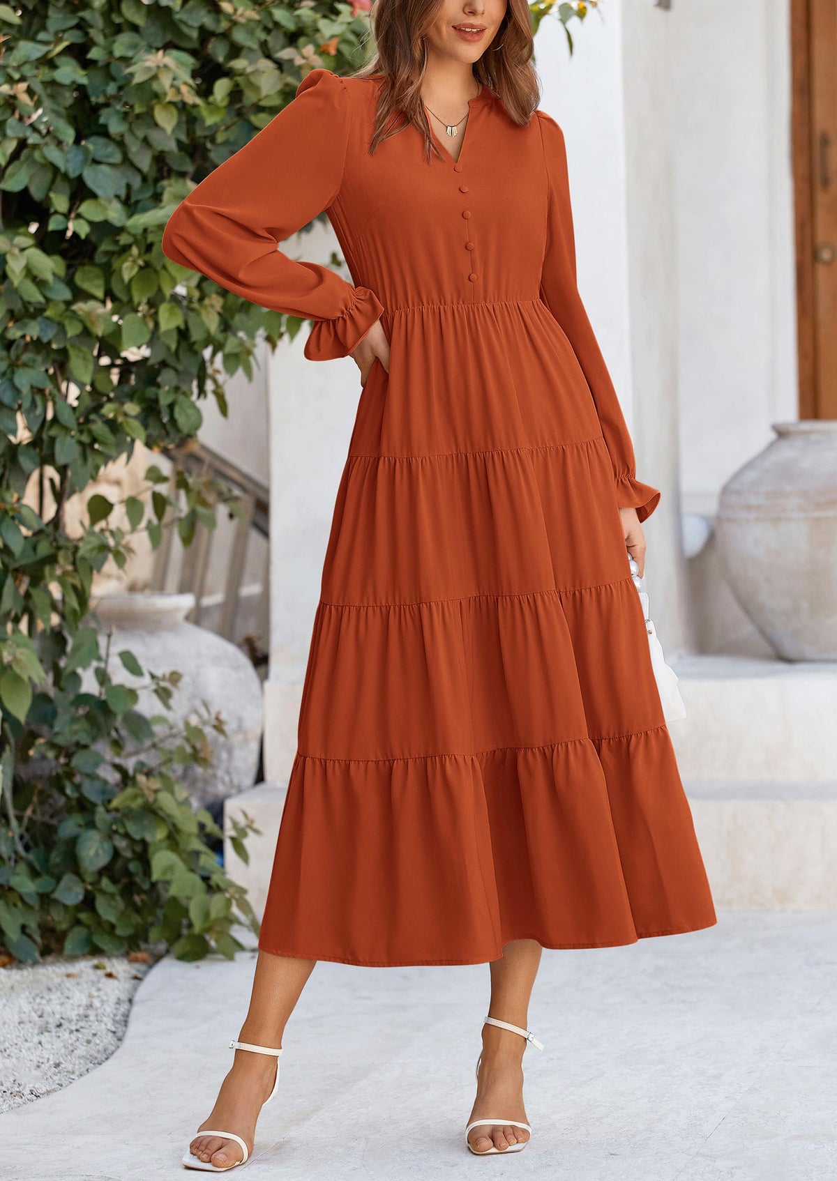 Women's Fall Maxi Dress Long Sleeve V Neck Tiered Ruffle Flowy A Line Cocktail Party Dresses