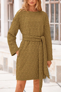 Women's Long Sleeve Dresses   Fall Casual Short Belted Dress Trendy Quilted Outfits with Pockets