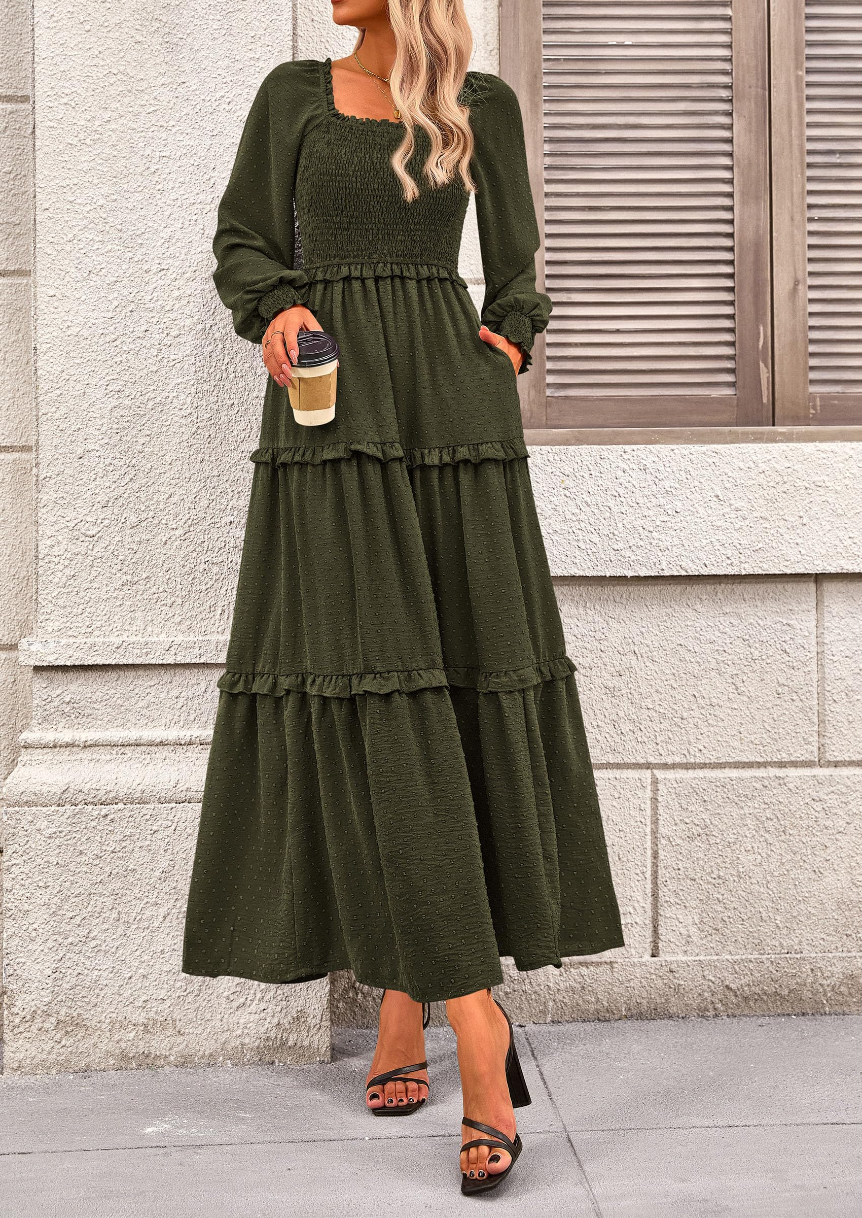 PRETTYGARDEN Women Fall Long Sleeve Smocked Maxi Dress Casual Square Neck Swiss Dot Tiered Ruffle Flowy Spring Pocket Dresses