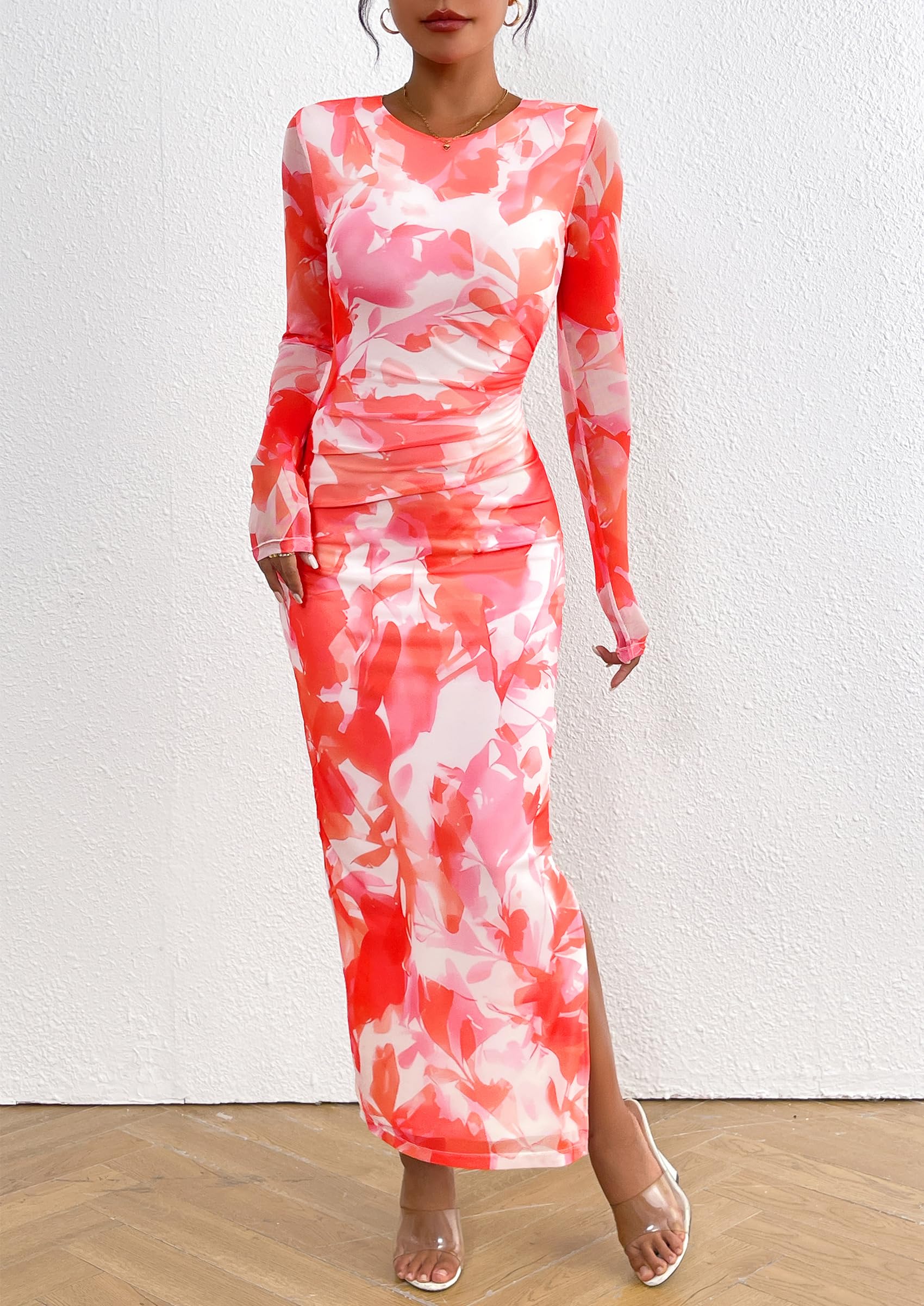 PRETTYGARDEN Women's Bodycon Maxi Dress Fall Spring Fashion Long Sleeve Floral Print Tight Fitted Party Club Ruched Dresses