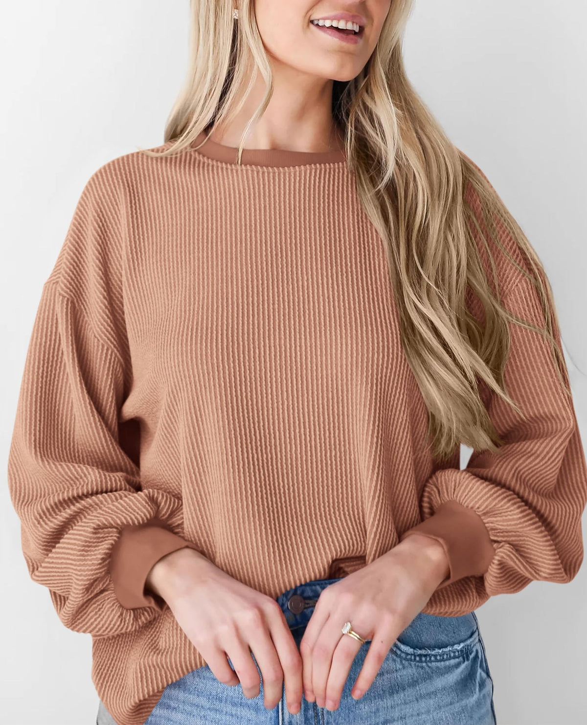 Women's Long Sleeve Tee Shirts Fall Trendy Clothes Casual Loose Crewneck Ribbed Blouse Tunic Tops