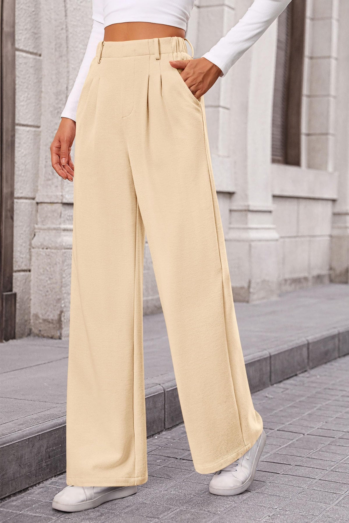 Women's Wide Leg Dress Pants Dressy Casual High Elastic Waisted Work Office Trousers Palazzo Pants