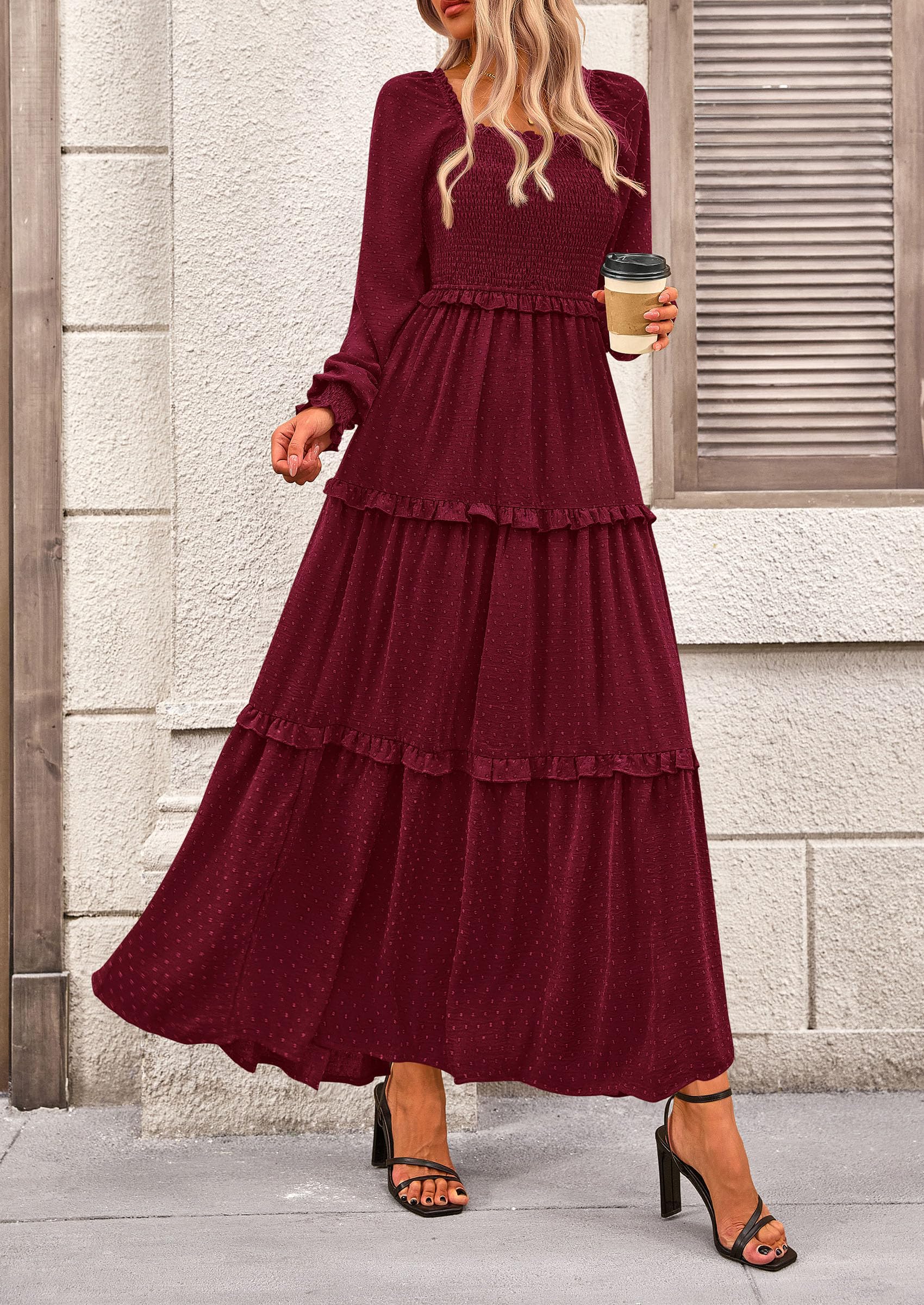 PRETTYGARDEN Women Fall Long Sleeve Smocked Maxi Dress Casual Square Neck Swiss Dot Tiered Ruffle Flowy Spring Pocket Dresses