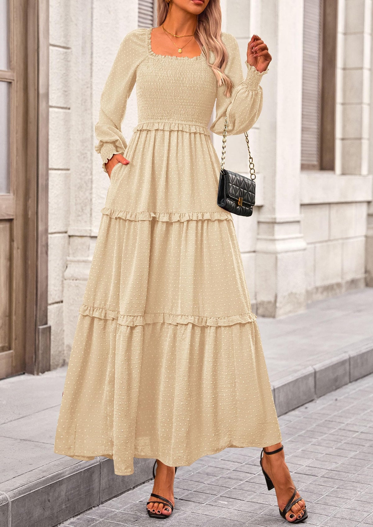 Women's Long Sleeve Smocked Maxi Dress Casual Square Neck Swiss Dot Tiered Ruffle Flowy Pocket Dresses