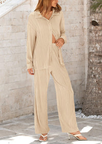 PRETTYGARDEN 2 Piece Textured Sets Casual Button Down Shirt Wide Leg Pants Outfit Loungewear Tracksuit