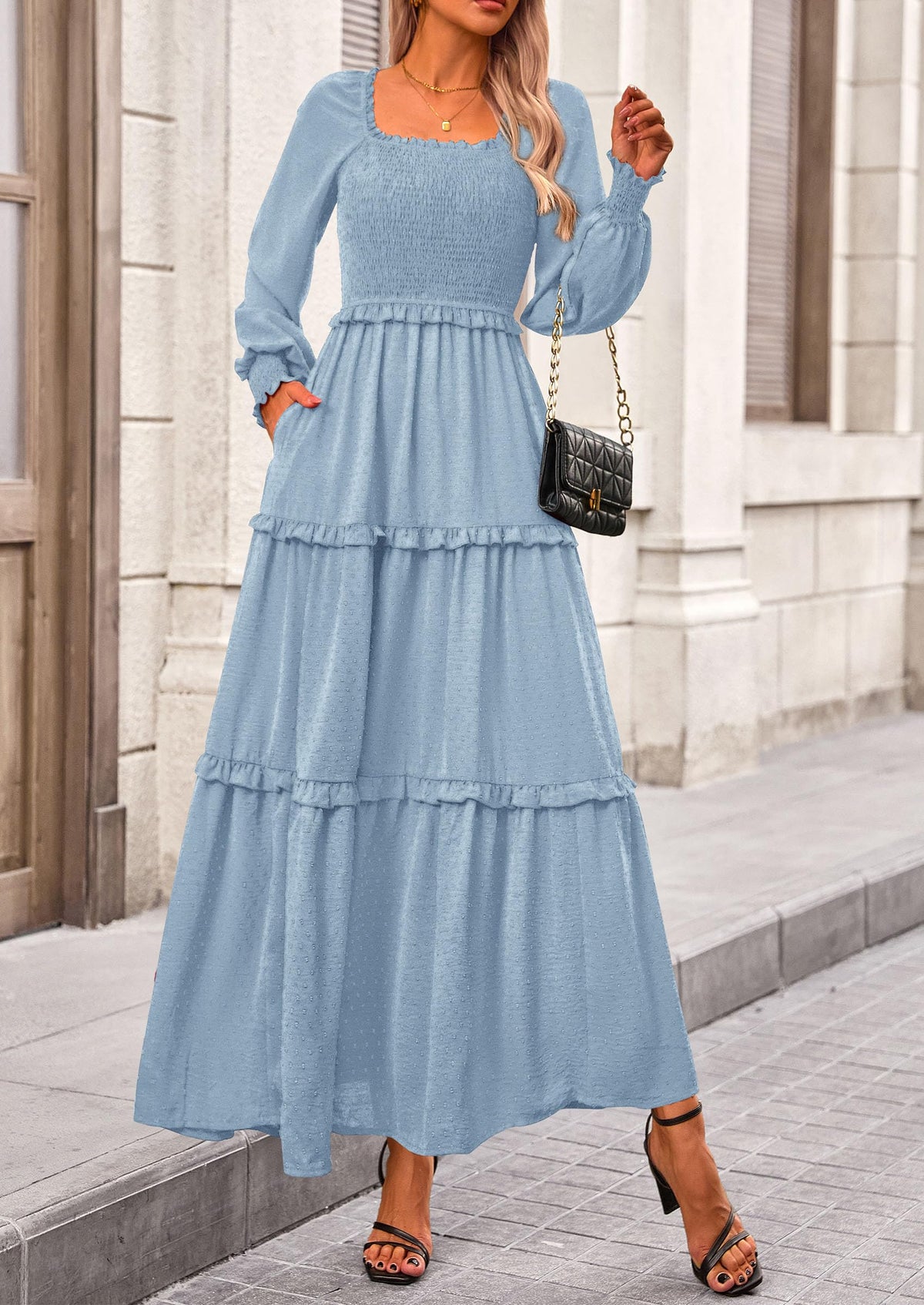 Women's Long Sleeve Smocked Maxi Dress Casual Square Neck Swiss Dot Tiered Ruffle Flowy Pocket Dresses