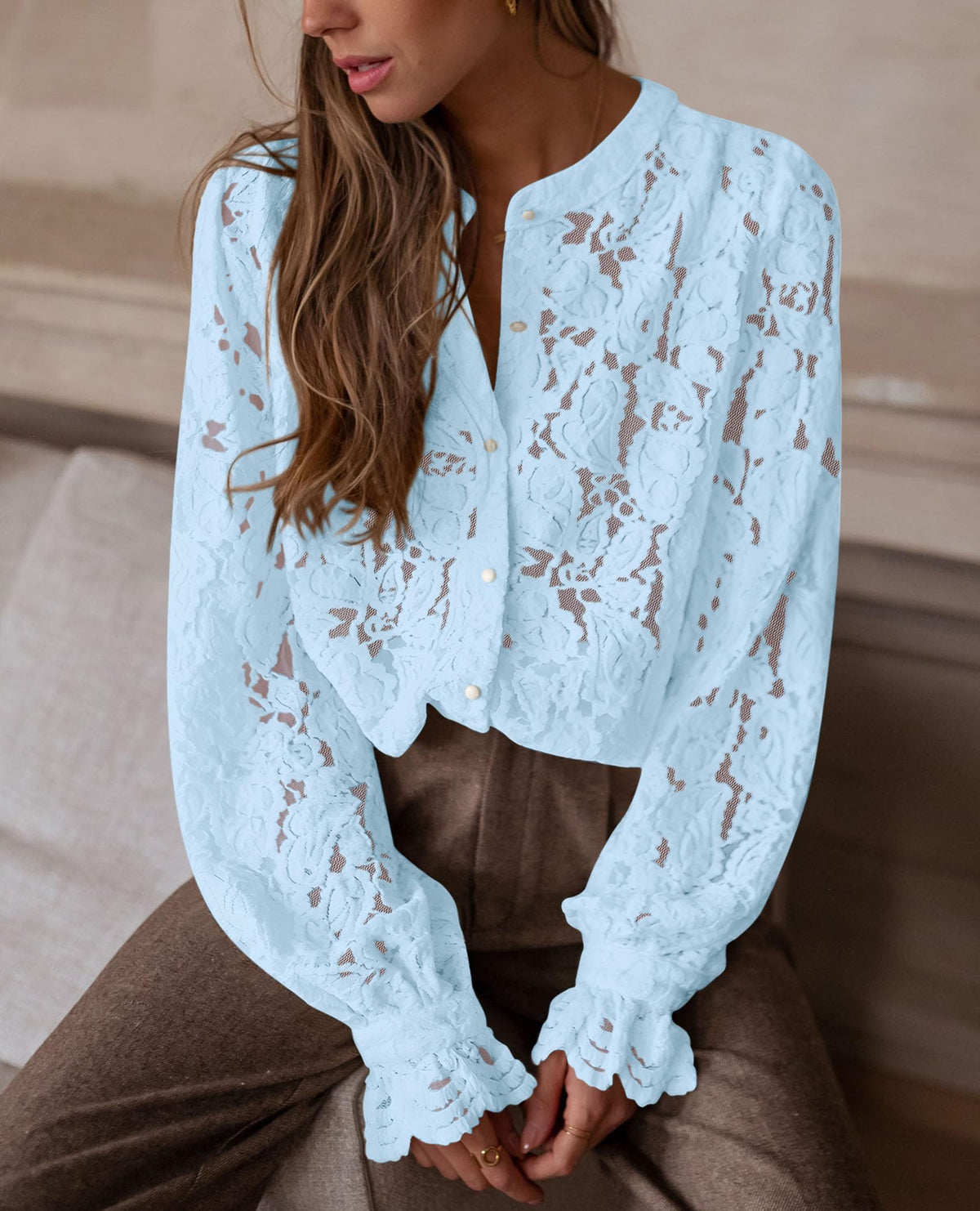 Women's Dressy Casual Lace Blouse Long Sleeve Button Up Shirts Tops Fall Fashion Clothes