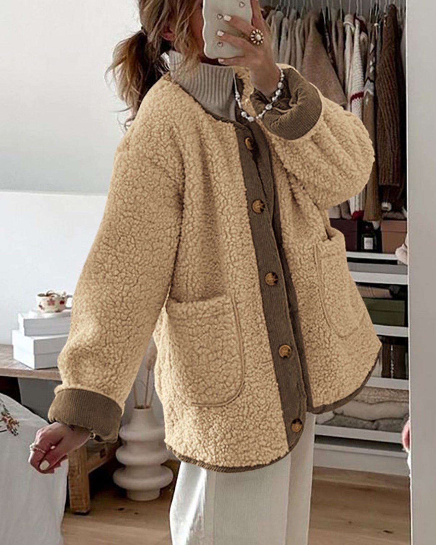 Women's Warm Winter Coats Casual Long Sleeve Button up Fuzzy Sherpa Fleece Jackets Outerwear